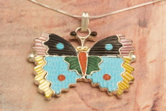 Zuni Indian Jewelry Genuine Turquoise and Mother of Pearl Sterling Silver Butterfly Pendant